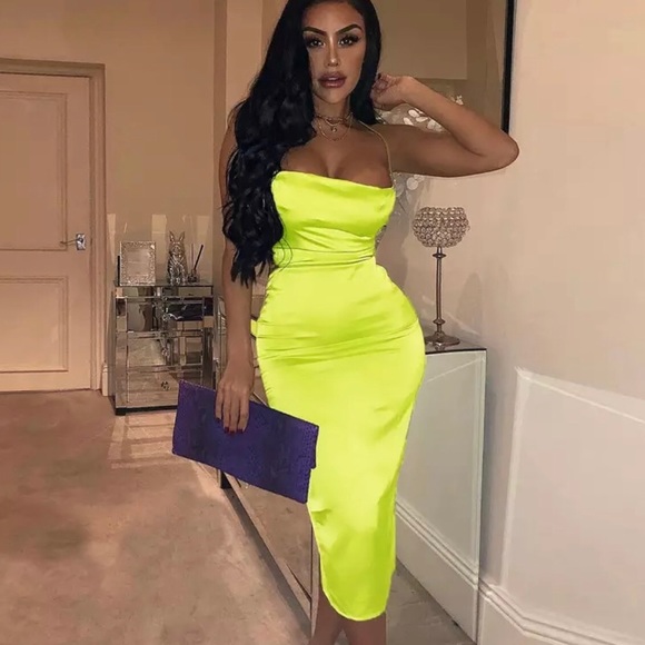 neon yellow satin dress